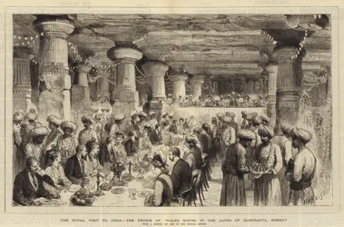 Det kongelige besøg i Indien, prinsen af Wales spiste i Caves of Elephanta, Bombay